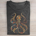 Unisex Octopus Flower Printed Washed Folded T-shirt