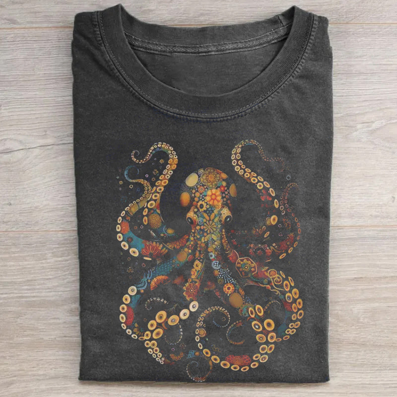 Unisex Octopus Flower Printed Washed Folded T-shirt