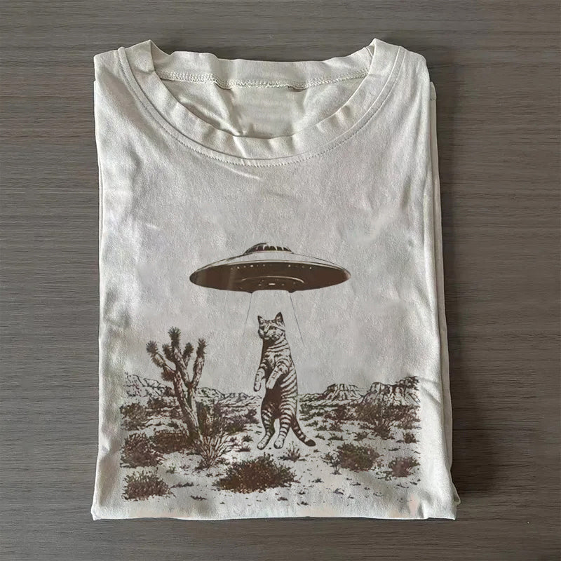 Unisex Classic Cotton UFO Cat Western Printed Folded T-shirt