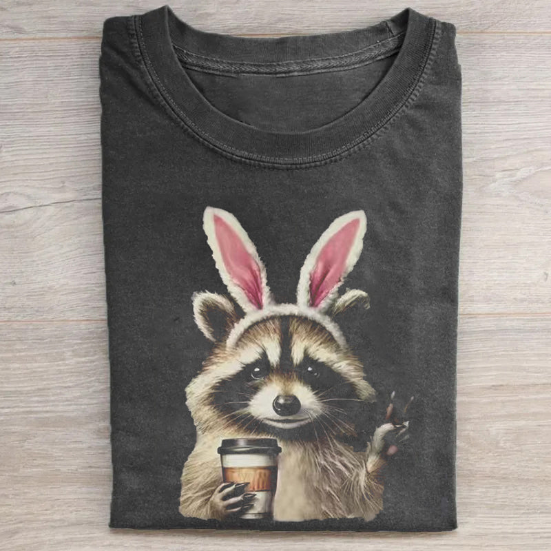 Unisex Funny Raccoon Easter Printed Washed Folded T-shirt