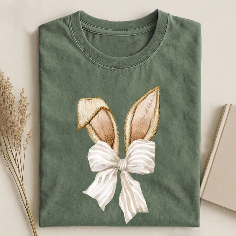 Unisex Classic Cotton Bow and Ears Design Printed Folded T-shirt