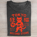 Cat Vinyl Record Player Rock Folded Washed T-shirt