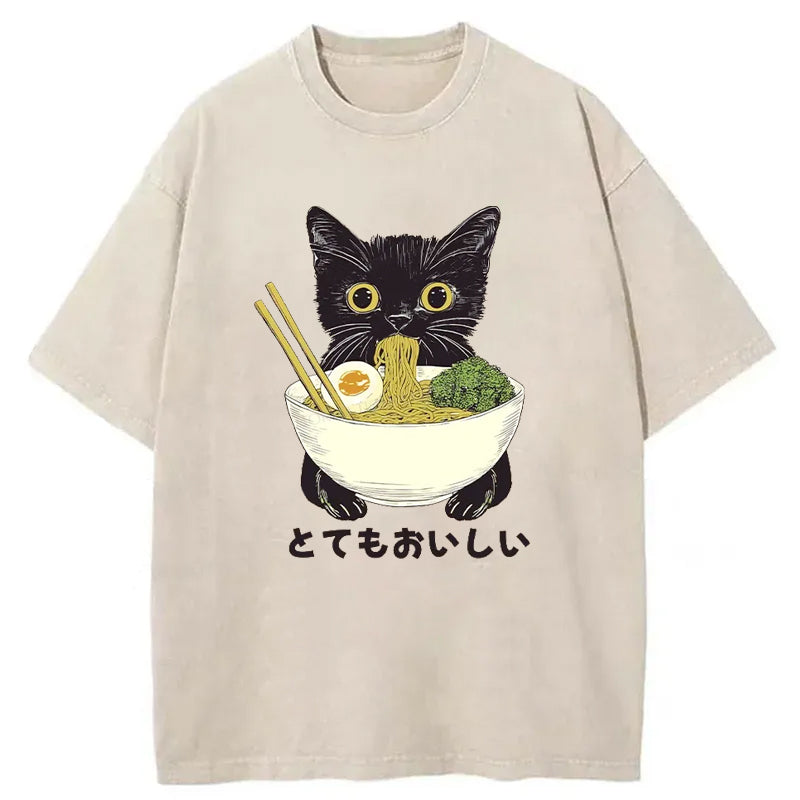 Ramen Lover Cute Cat Washed T-Shirt
