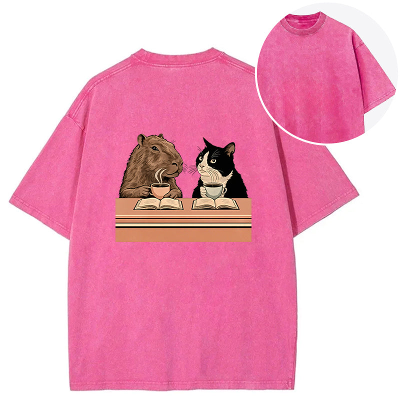 Capybara And Cat Talk Back Washed T-Shirt