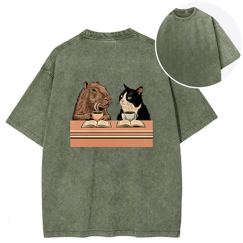 Capybara And Cat Talk Back Washed T-Shirt