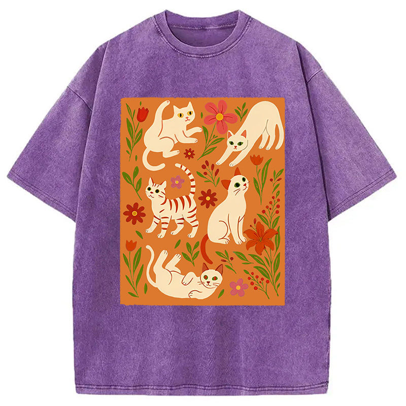 Cats And Flowers Washed T-Shirt