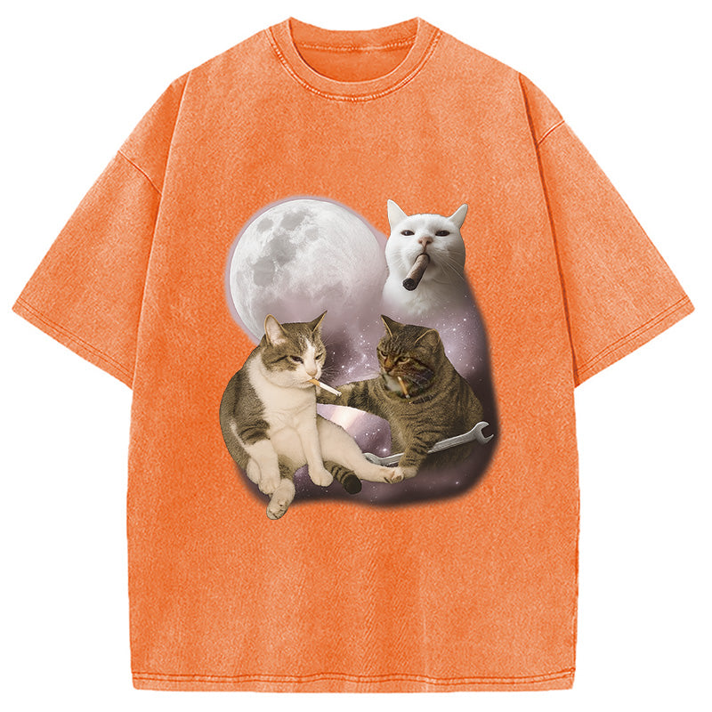 Three Cat Smoking Retro Washed T-Shirt