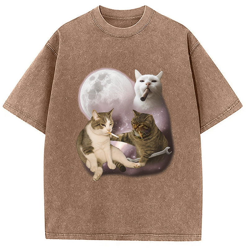 Three Cat Smoking Retro Washed T-Shirt