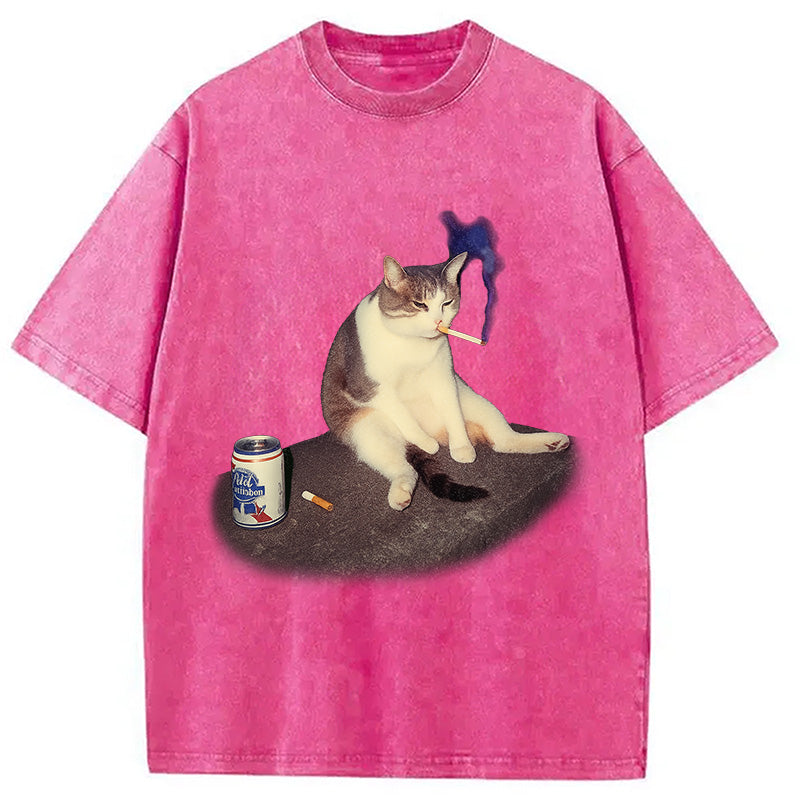 Custom Cat Smoking Meme Washed T-Shirt