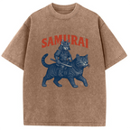 Funny Samurai Cat Washed T-Shirt