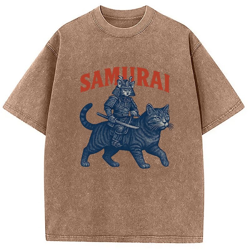 Funny Samurai Cat Washed T-Shirt