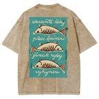 Fishes Pattern Printed Washed Vintage Short Sleeves T-Shirt