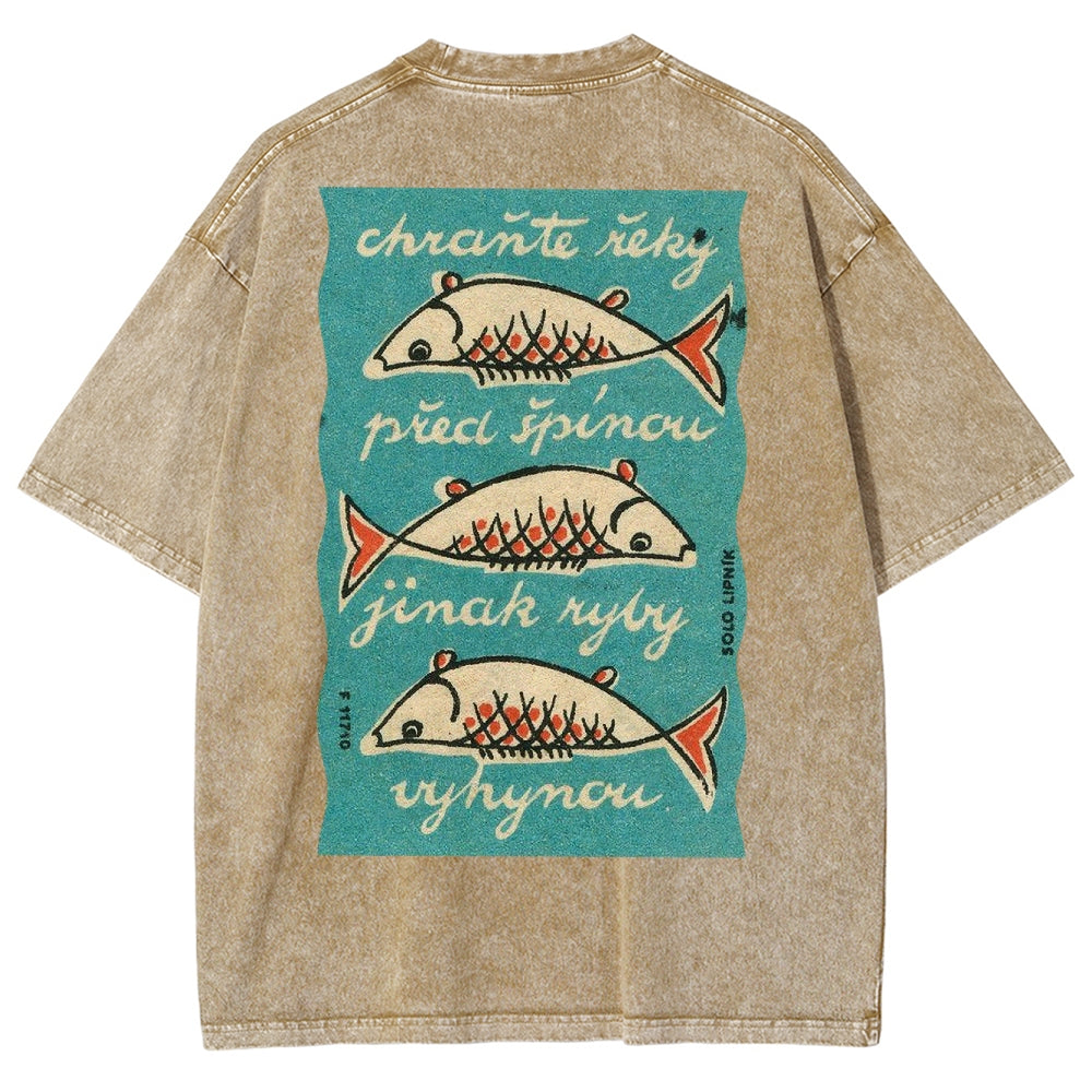 Fishes Pattern Printed Washed Vintage Short Sleeves T-Shirt