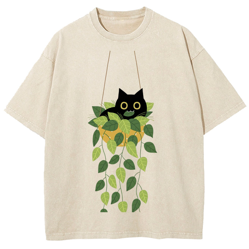Black Cat And Plants  Washed T-Shirt