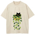 Black Cat And Plants  Washed T-Shirt