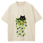 Black Cat And Plants  Washed T-Shirt
