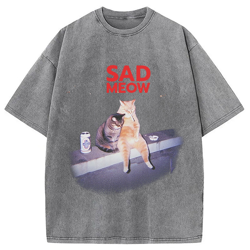 Sad Meow Smoking Cat Washed T-Shirt