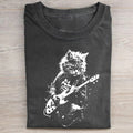 Unisex Funny Cat Playing Guitar Printed Washed Folded T-shirt