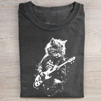 Unisex Funny Cat Playing Guitar Printed Washed Folded T-shirt