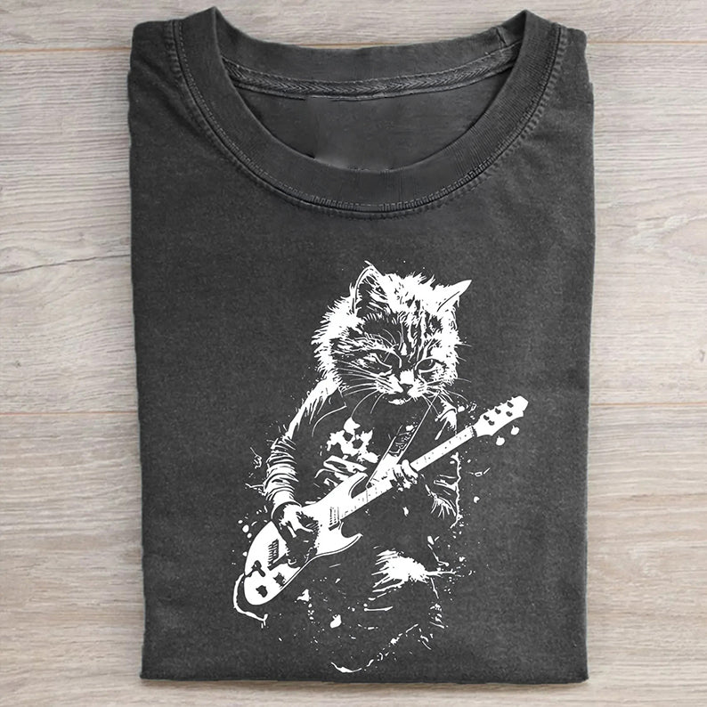 Unisex Funny Cat Playing Guitar Printed Washed Folded T-shirt