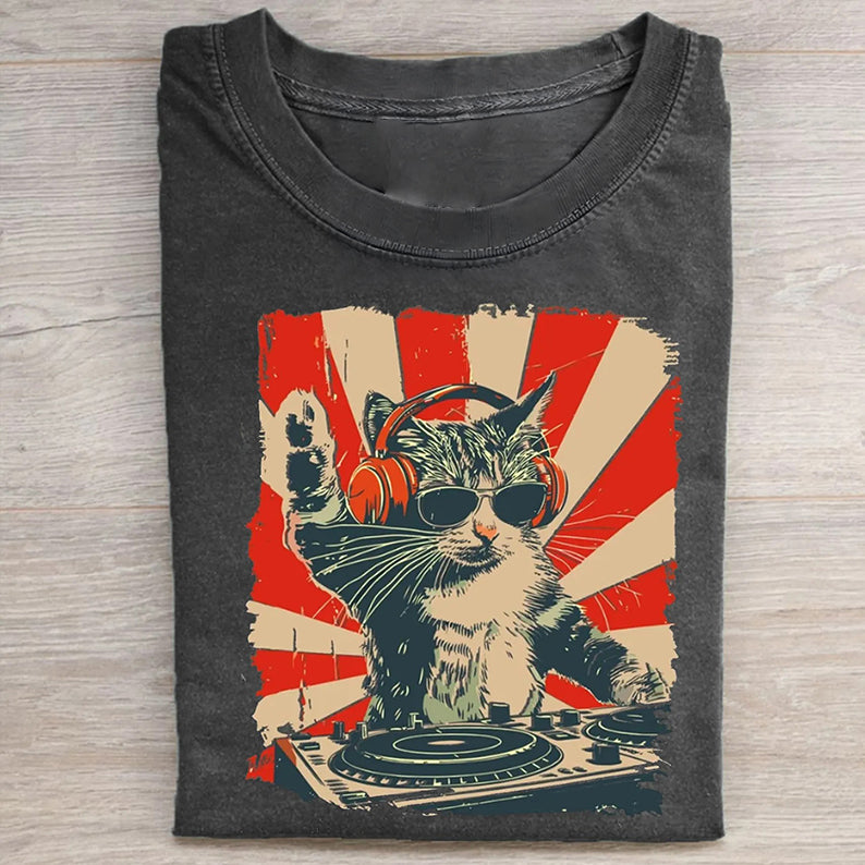 Unisex Cool DJ Cat Printed Washed Folded T-shirt