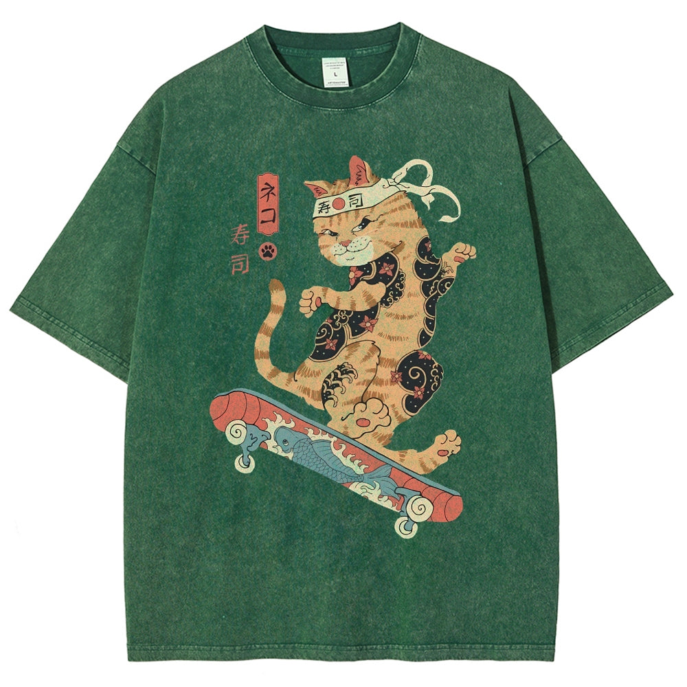 Skate Cat Washed Vintage Short Sleeves T-Shirt