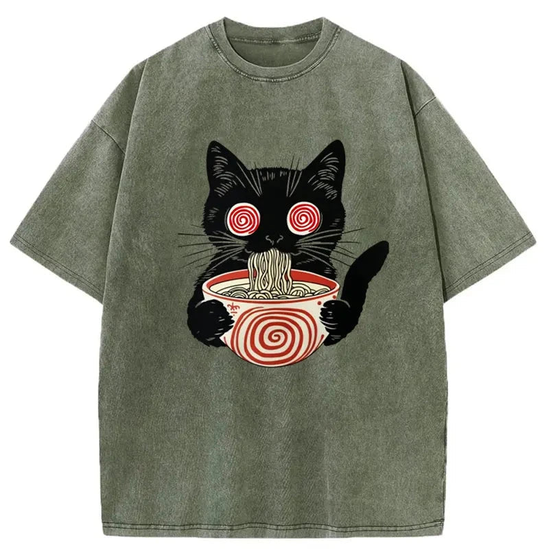 Confused Cat Eating Ramen Washed Vintage T-Shirt