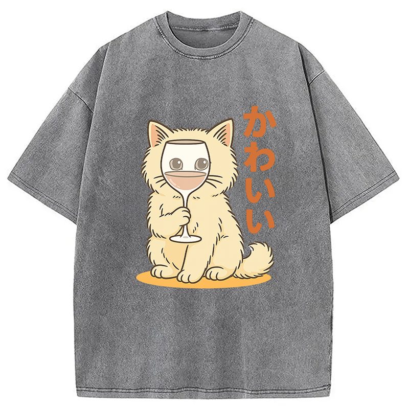 Kawaii Cat with Wine Glass Face Washed T-Shirt