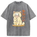 Kawaii Cat with Wine Glass Face Washed T-Shirt