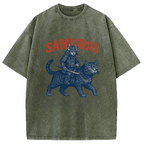 Funny Samurai Cat Washed T-Shirt