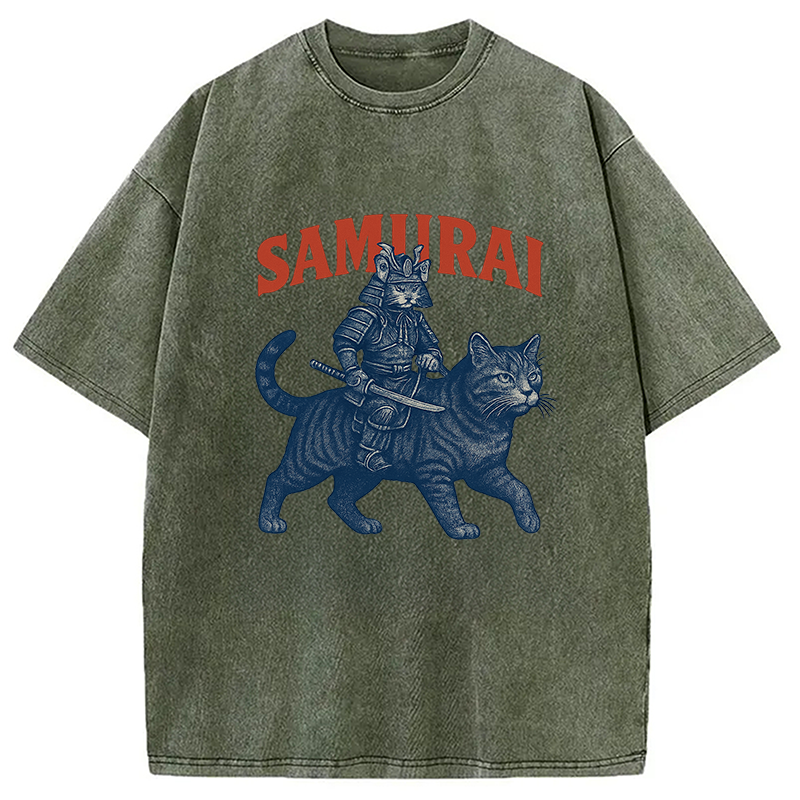 Funny Samurai Cat Washed T-Shirt