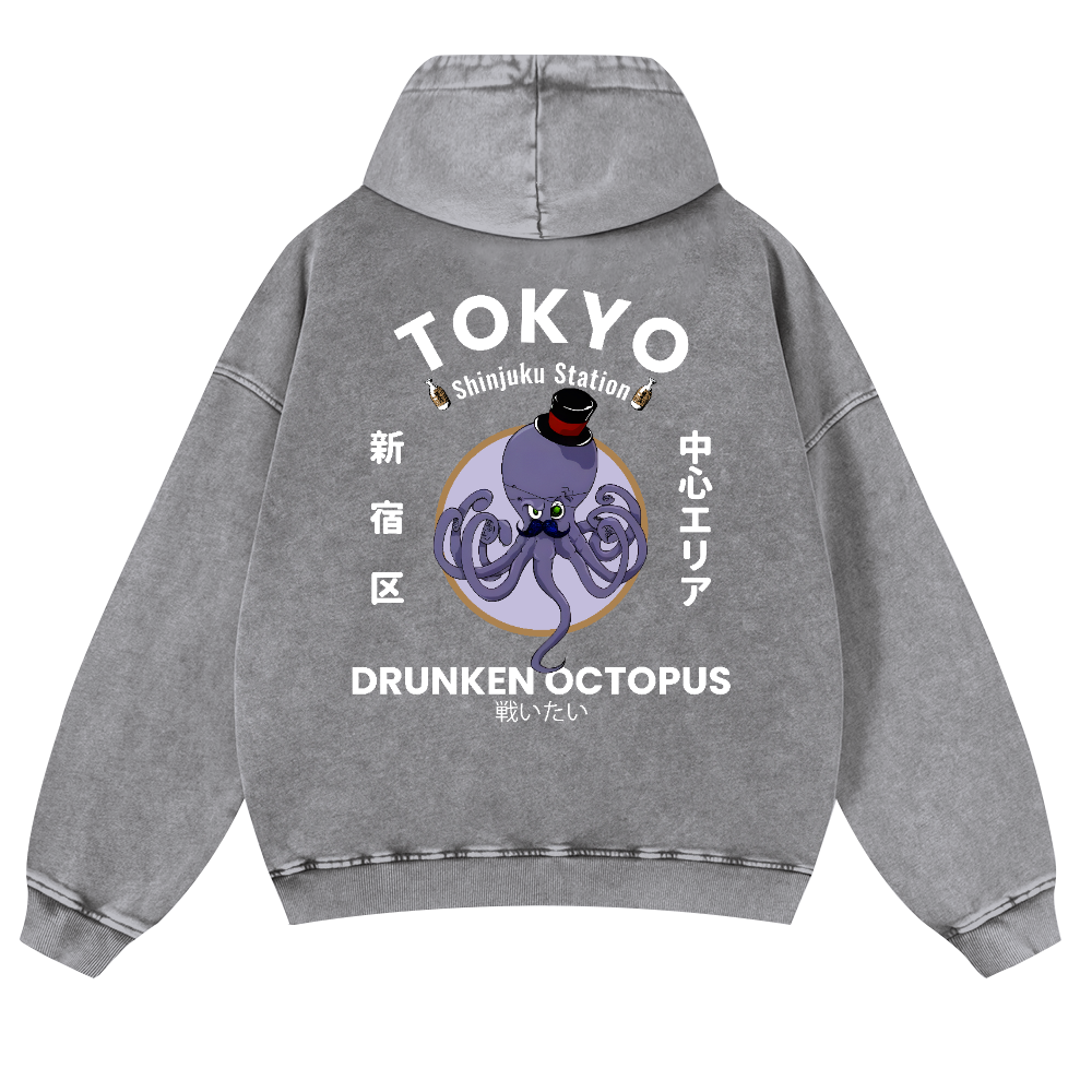 Tokyo Drunken Octopus Vintage Washed Cotton Back Art Hoodie