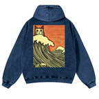Cat Wave Vintage Washed Cotton Back Art Hoodie