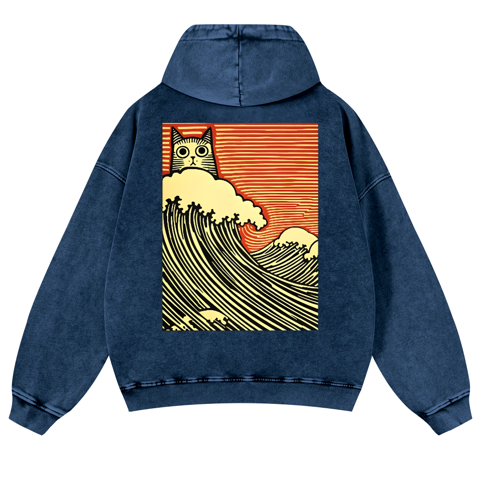 Cat Wave Vintage Washed Cotton Back Art Hoodie