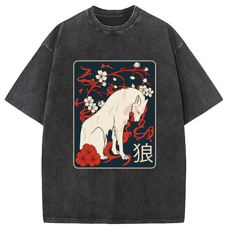 Ancient Japanese Wolf Art Washed T-Shirt