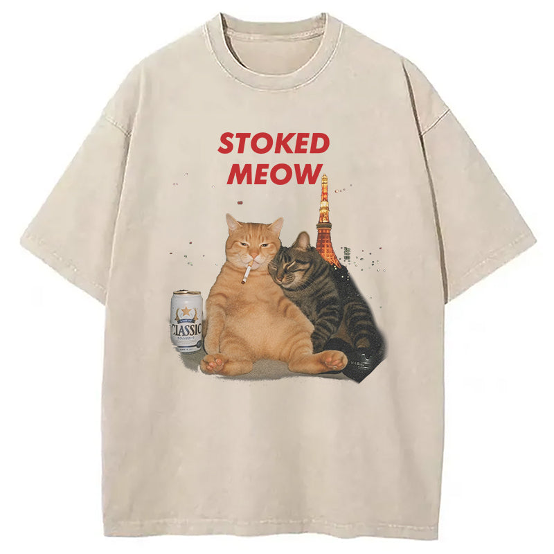 Stoked Meow Smoking Cat Washed T-Shirt