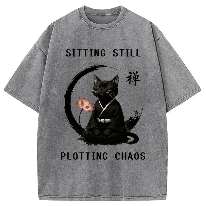 Sitting Calming Zen Cat Washed T-Shirt