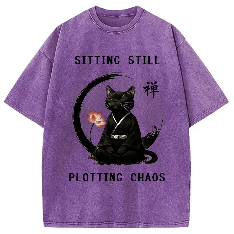 Sitting Calming Zen Cat Washed T-Shirt