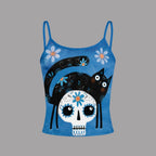 Blue Black Cat Sugar Skull Florals Top & Elasticated Trousers Two-Piece Set