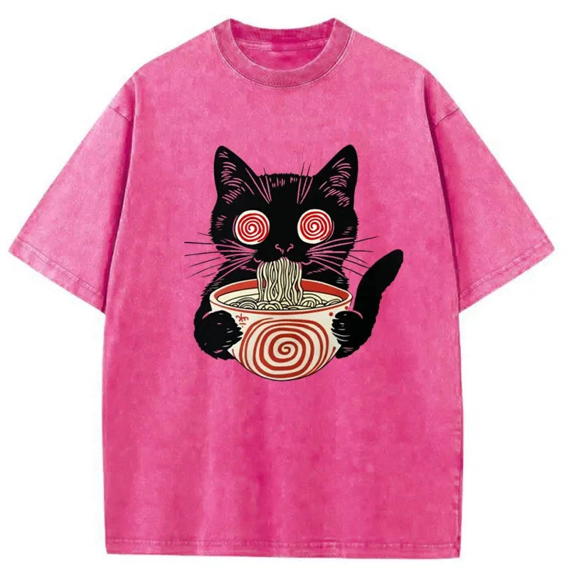 Confused Cat Eating Ramen Washed Vintage T-Shirt