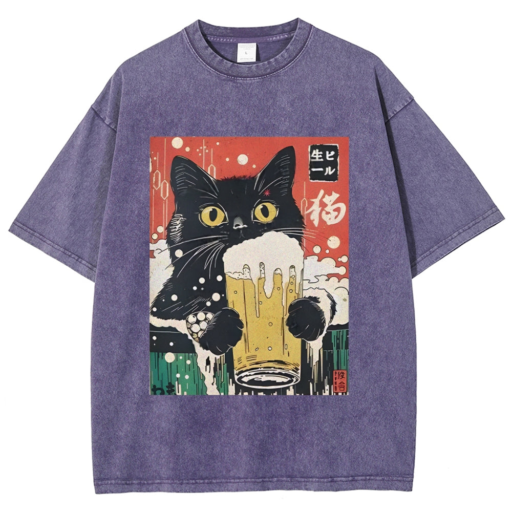 Cat Drinking Beer Funny Washed T-Shirt
