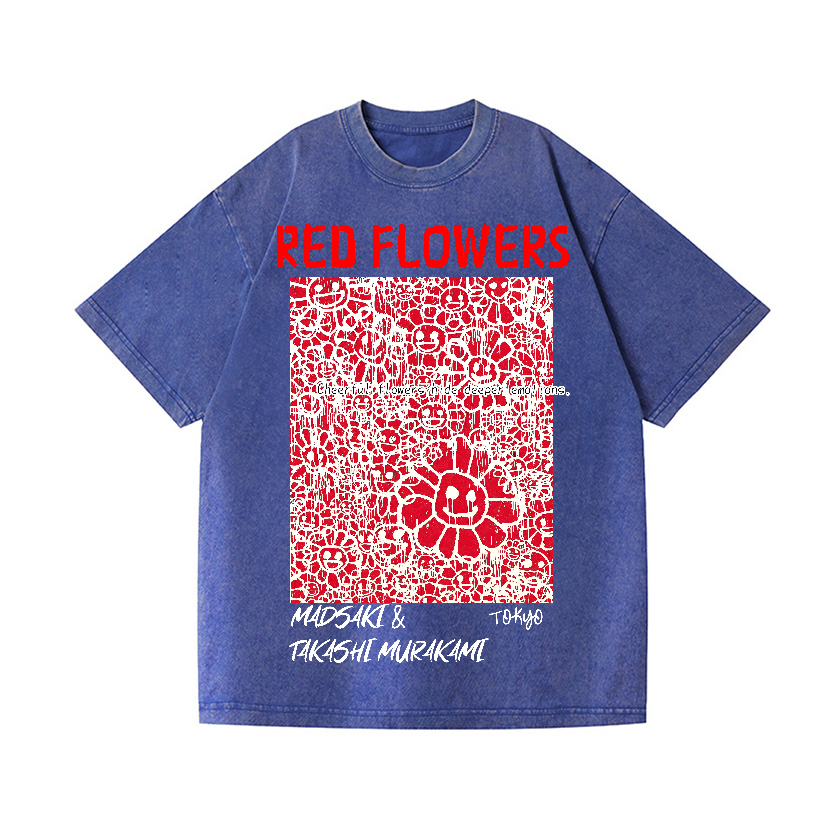 Japan Madsaki Red Flowers Vintage Wash Japanese Design T-Shirt