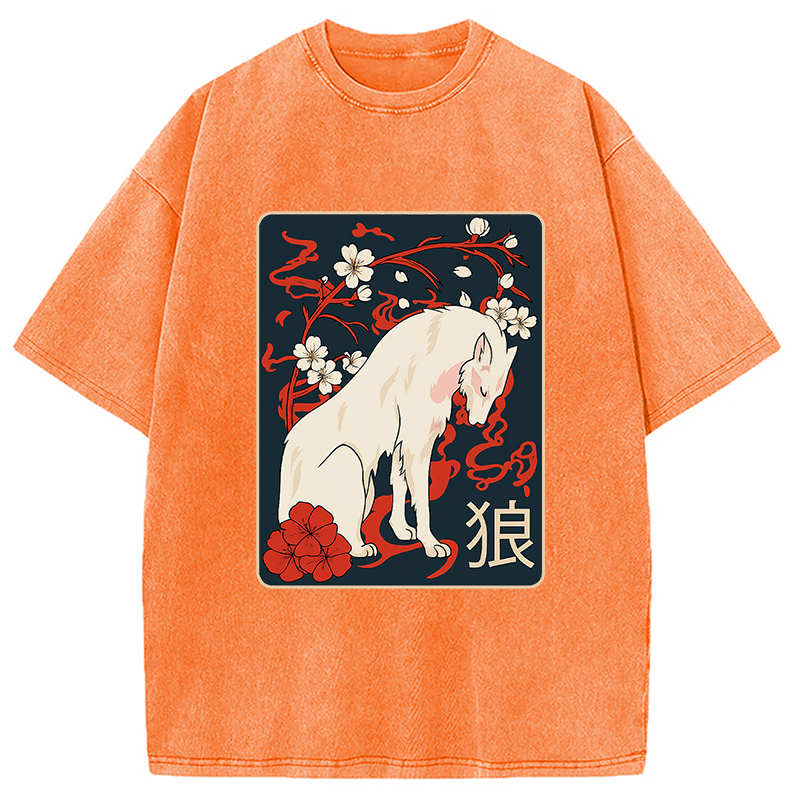 Ancient Japanese Wolf Art Washed T-Shirt