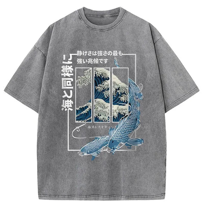 Ukiyoe Waves And Fish Washed Vintage T-Shirt