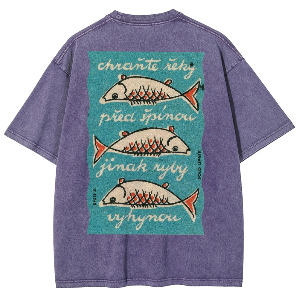 Fishes Pattern Printed Washed Vintage Short Sleeves T-Shirt