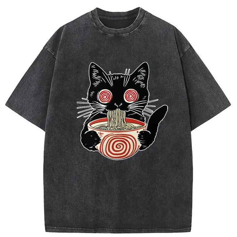 Confused Cat Eating Ramen Washed Vintage T-Shirt