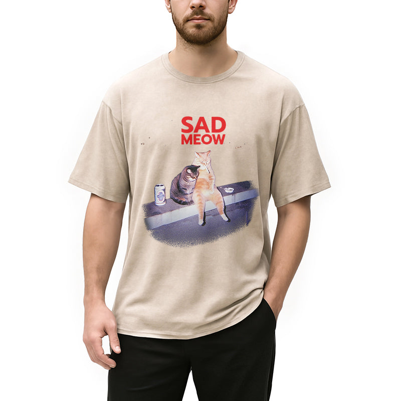 Sad Meow Smoking Cat Washed T-Shirt