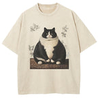 Cute Big Fat Cat Print Washed T-Shirt