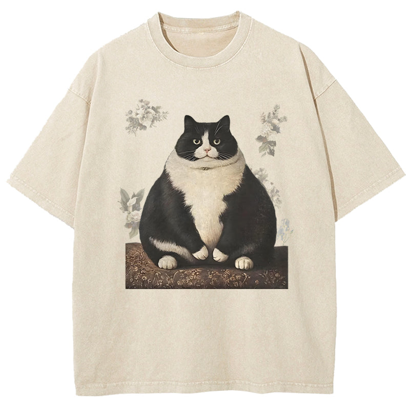 Cute Big Fat Cat Print Washed T-Shirt