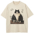 Cute Big Fat Cat Print Washed T-Shirt